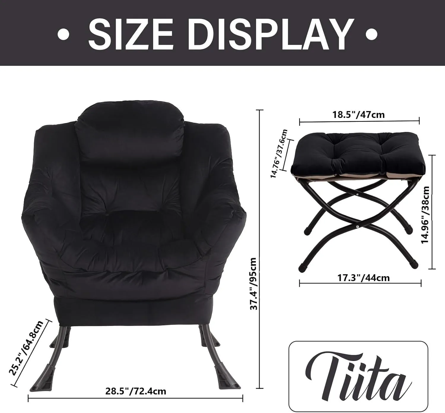 Tiita Lazy Chair with Ottoman, Modern Large Accent Lounge Armchair, Comfy Leisure Sofa Reading Chair with Footrest for Bedroom, Living Room, Dorm Rooms, Garden and Courtyard, Velvet Black