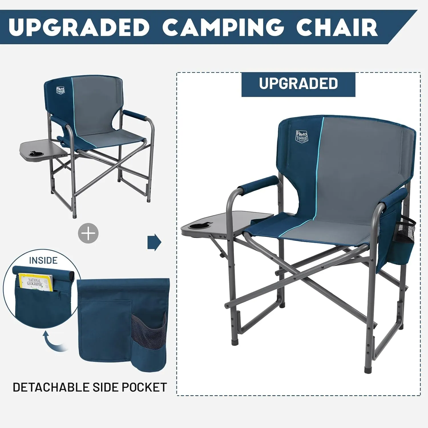 TIMBER RIDGE Aluminum Oversized Camping Chair, Lightweight Portable Directors Chair with Side Table Detachable Side Pocket for Outdoor Camping, Lawn, Picnic, Support 400lbs Blue 2 Pack