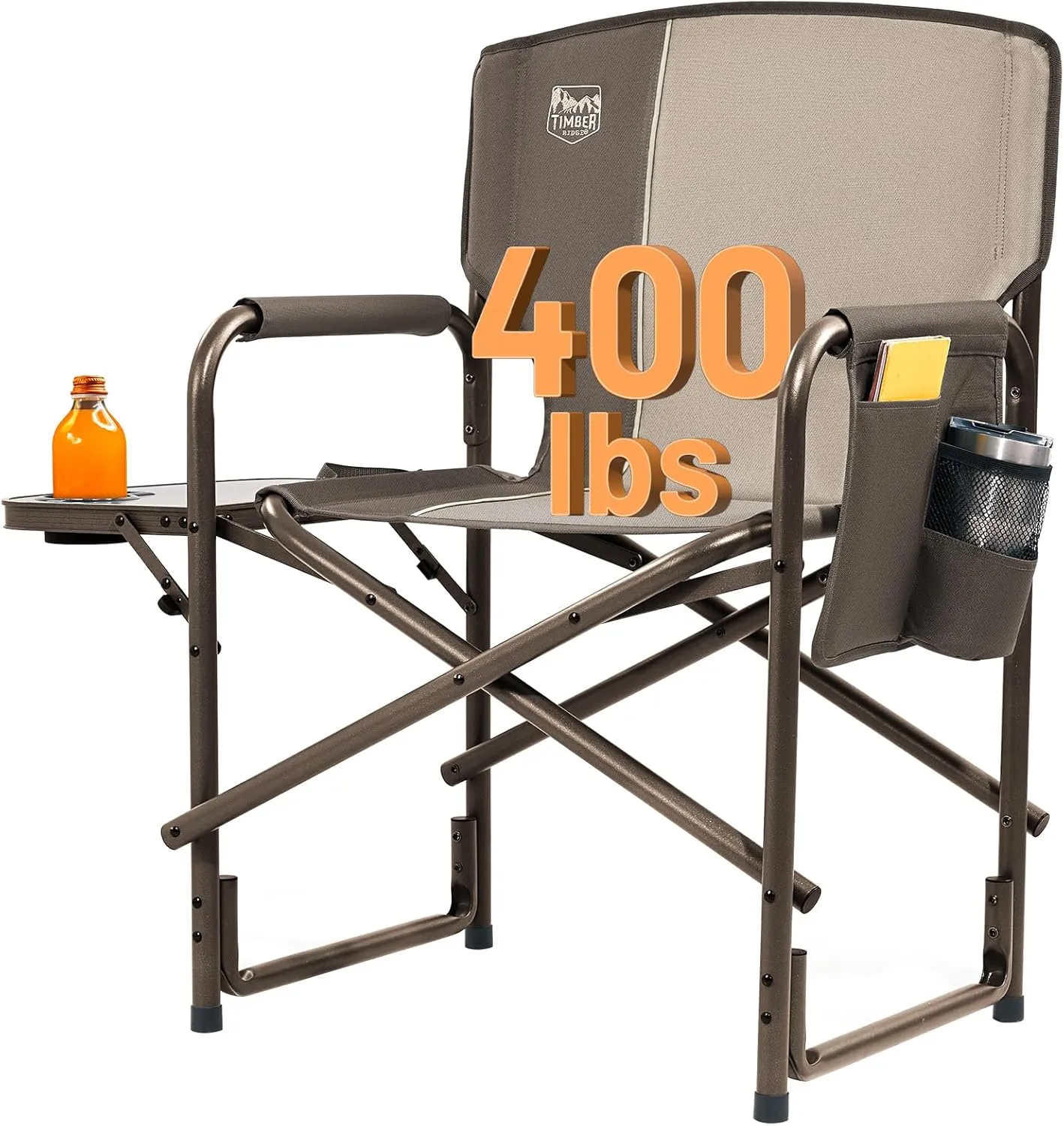TIMBER RIDGE Aluminum Oversized Camping Chair, Lightweight Portable Directors Chair with Side Table Detachable Side Pocket for Outdoor Camping, Lawn, Picnic, Support 400lbs Tan