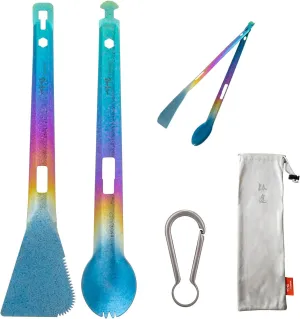 TiTo Titanium 4 in 1 Camping Cookware - Titanium BBQ Tongs, Spork, Knife and Spatula, Portable Lightweight Multi Tableware for Kitchen, Hiking, Backpacking, Outdoor Cooking, Travel, Picnics (Colorful)