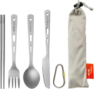 TiTo Titanium Cutlery Set Titanium Spoon Spork Knife Chopsticks Straw Portable Lightweight Outdoor Flatware Extra Strong 3/4/5 Piece Straw for Home Use/Travel/Camping/Picnic/Hiking Tableware (4-Piece)