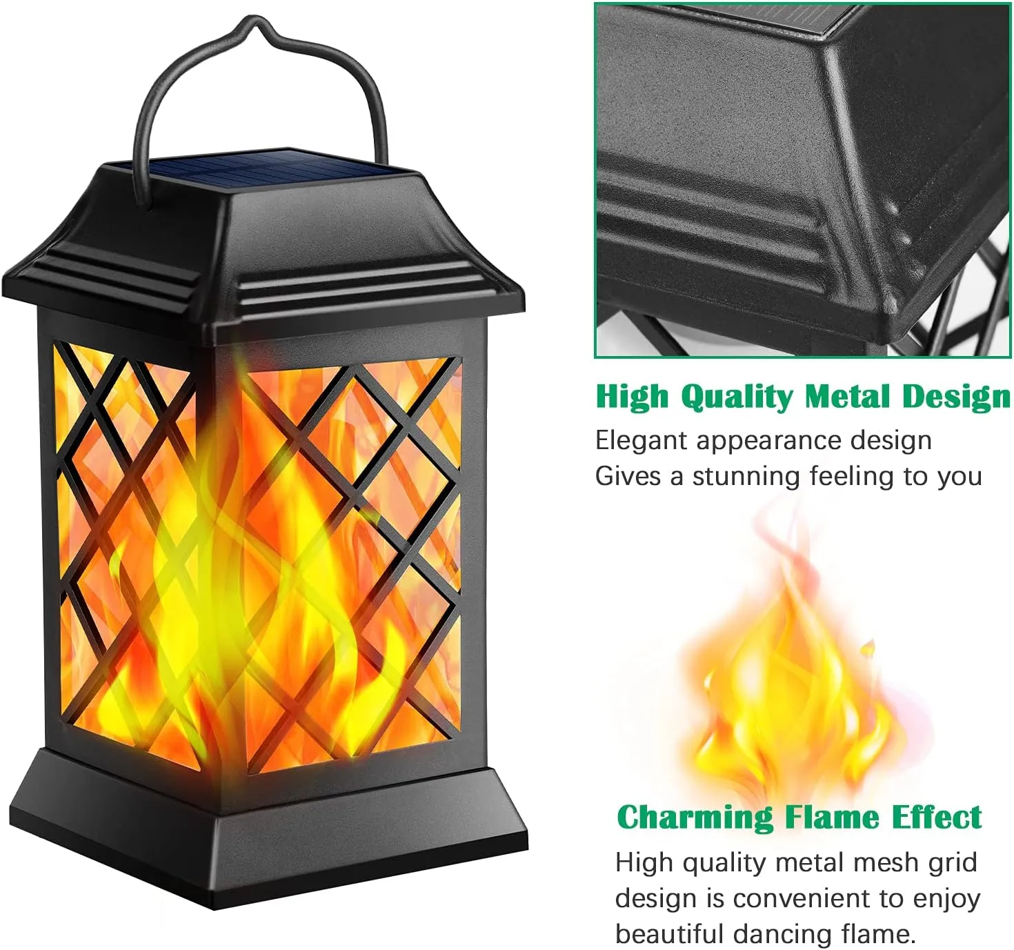 TomCare Solar Lights Outdoor Flickering Flame Metal Solar Lantern Outdoor Hanging Decorative Lanterns Heavy Duty Waterproof Umbrella Decorations Lighting for Patio Garden Deck Yard, 2 Pack (Black)