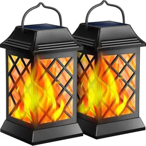 TomCare Solar Lights Outdoor Flickering Flame Metal Solar Lantern Outdoor Hanging Decorative Lanterns Heavy Duty Waterproof Umbrella Decorations Lighting for Patio Garden Deck Yard, 2 Pack (Black)