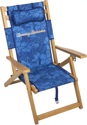 Tommy Bahama 3-Position Folding Beach Chair with Pillow and Zippered Storage Pouch, Portable Reclining Outdoor Chair with Premium Eucalyptus Wood Frame and Fabric Sling Seat, Blue
