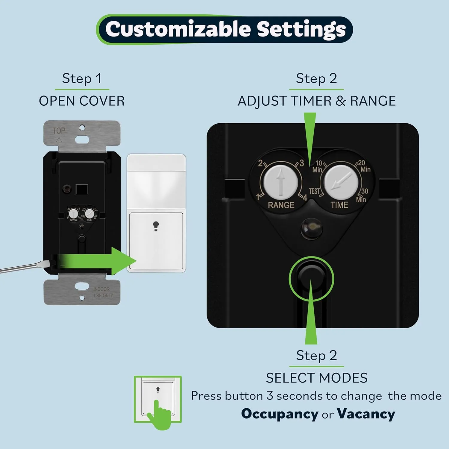 TOPGREENER Motion Sensor Switch, PIR Sensor with Ambient Light Level, 𝐍𝐨 𝐍𝐞𝐮𝐭𝐫𝐚𝐥 𝐑𝐞𝐪𝐮𝐢𝐫𝐞𝐝, Ground Wire Required, Occupancy & Vacancy Modes, Single Pole, TDOS5-JM-W-2PCS, White