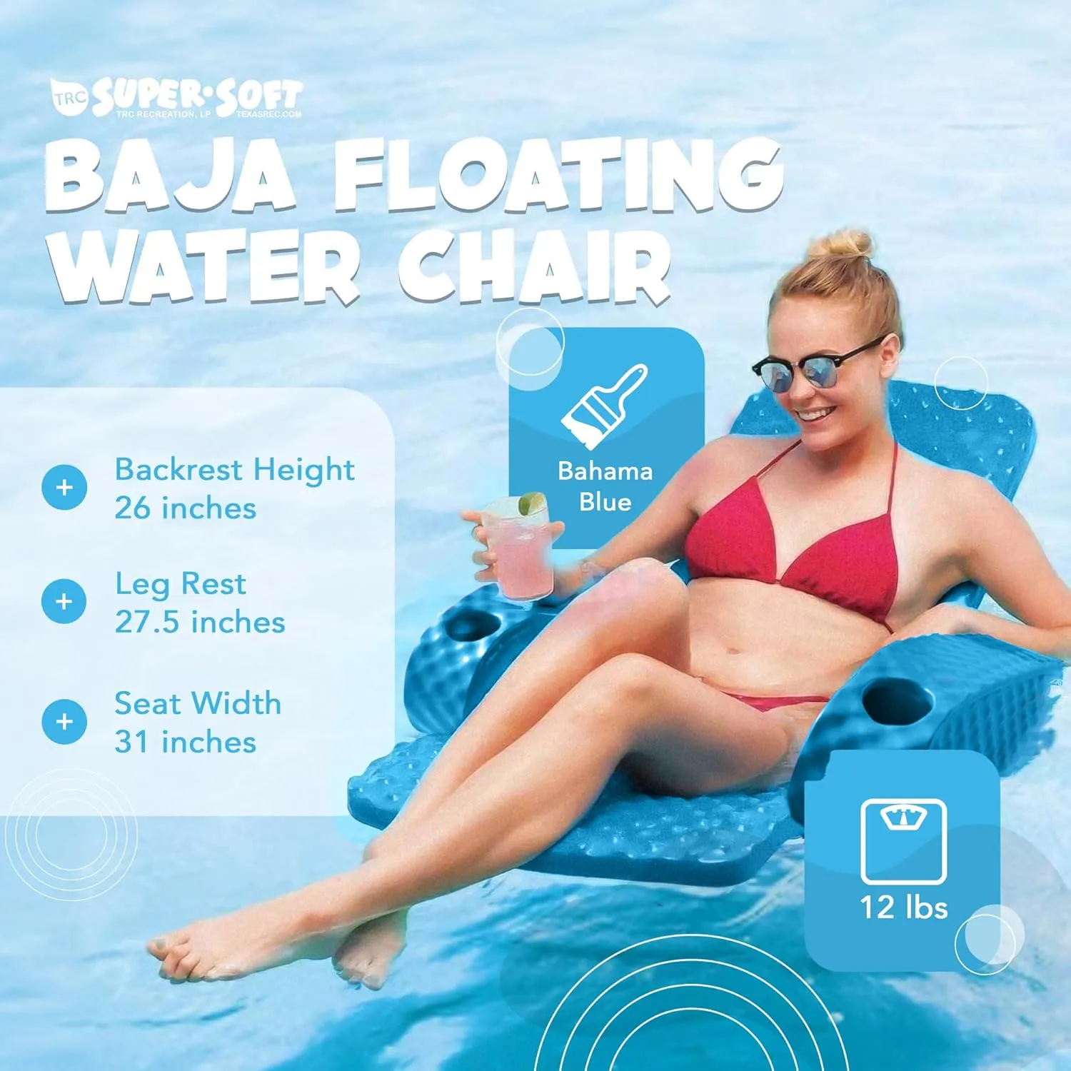 TRC Recreation Folding Baja Chair Foam Swimming Pool Float, Portable Super Soft Floating Lounger with 2 Cup Holders for Beach Essentials, Pink