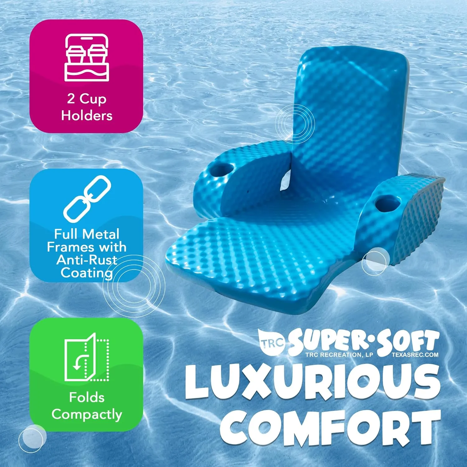 TRC Recreation Folding Baja Chair Foam Swimming Pool Float, Portable Super Soft Floating Lounger with 2 Cup Holders for Beach Essentials, Pink