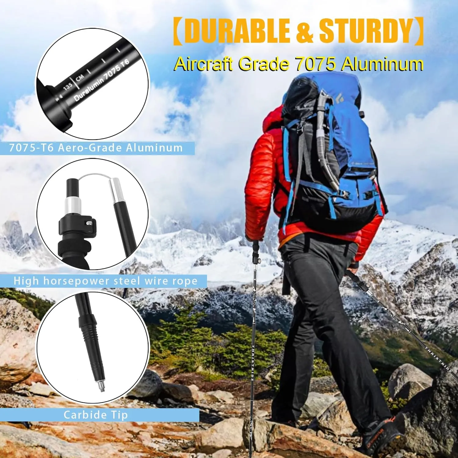Trekking Poles Aviation Grade Aluminum Alloy-Strong Lightweight Collapsible Walking Stick,Trekking Pole Hiking for Seniors, Men,Women in The 4 Season,All-Terrain,2pc Per Set