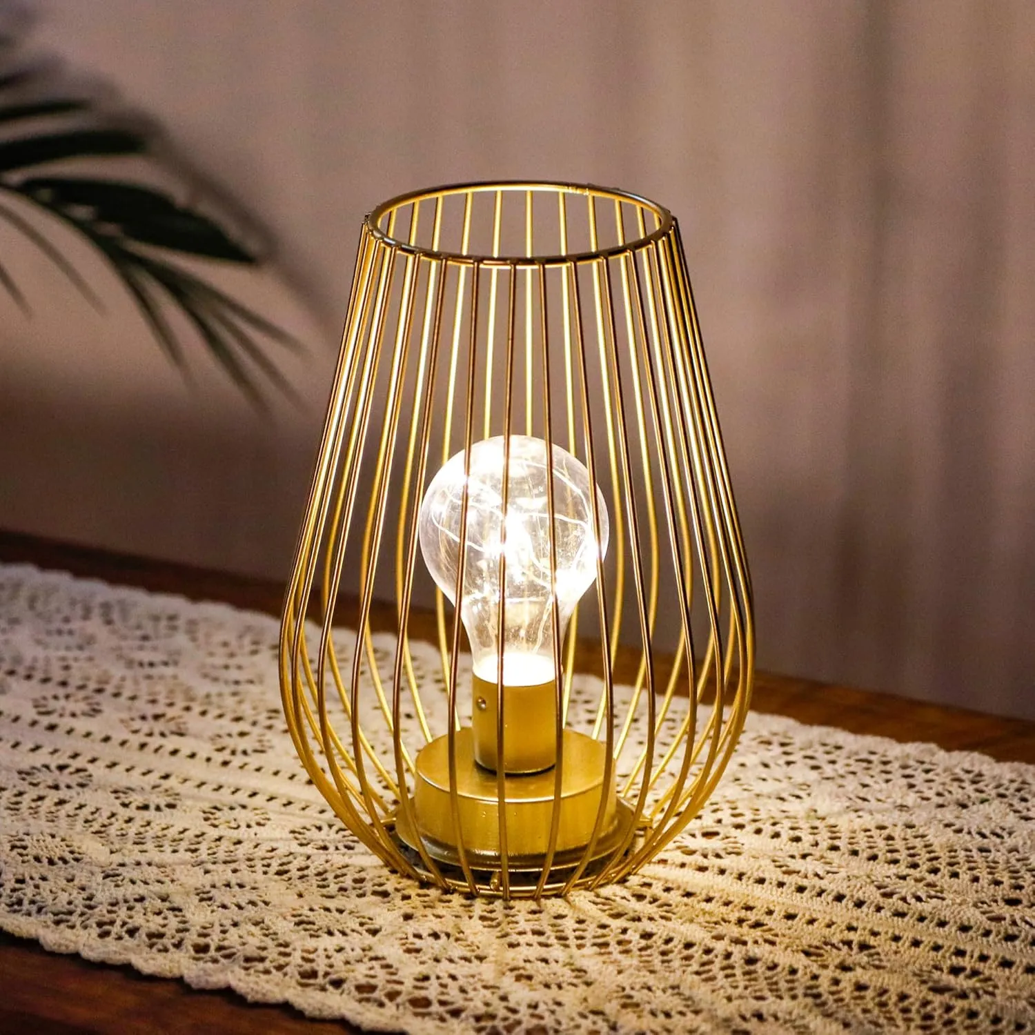TRIROCKS Metal Battery Operated Lamp 8'' Tall Cage Shape Cordless Table Lantern with Warm Fairy Lights Bulb for Thanksgiving Christmas Patio Garden Wedding Parties Indoor Outdoor (Golden)