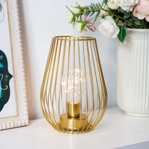 TRIROCKS Metal Battery Operated Lamp 8'' Tall Cage Shape Cordless Table Lantern with Warm Fairy Lights Bulb for Thanksgiving Christmas Patio Garden Wedding Parties Indoor Outdoor (Golden)