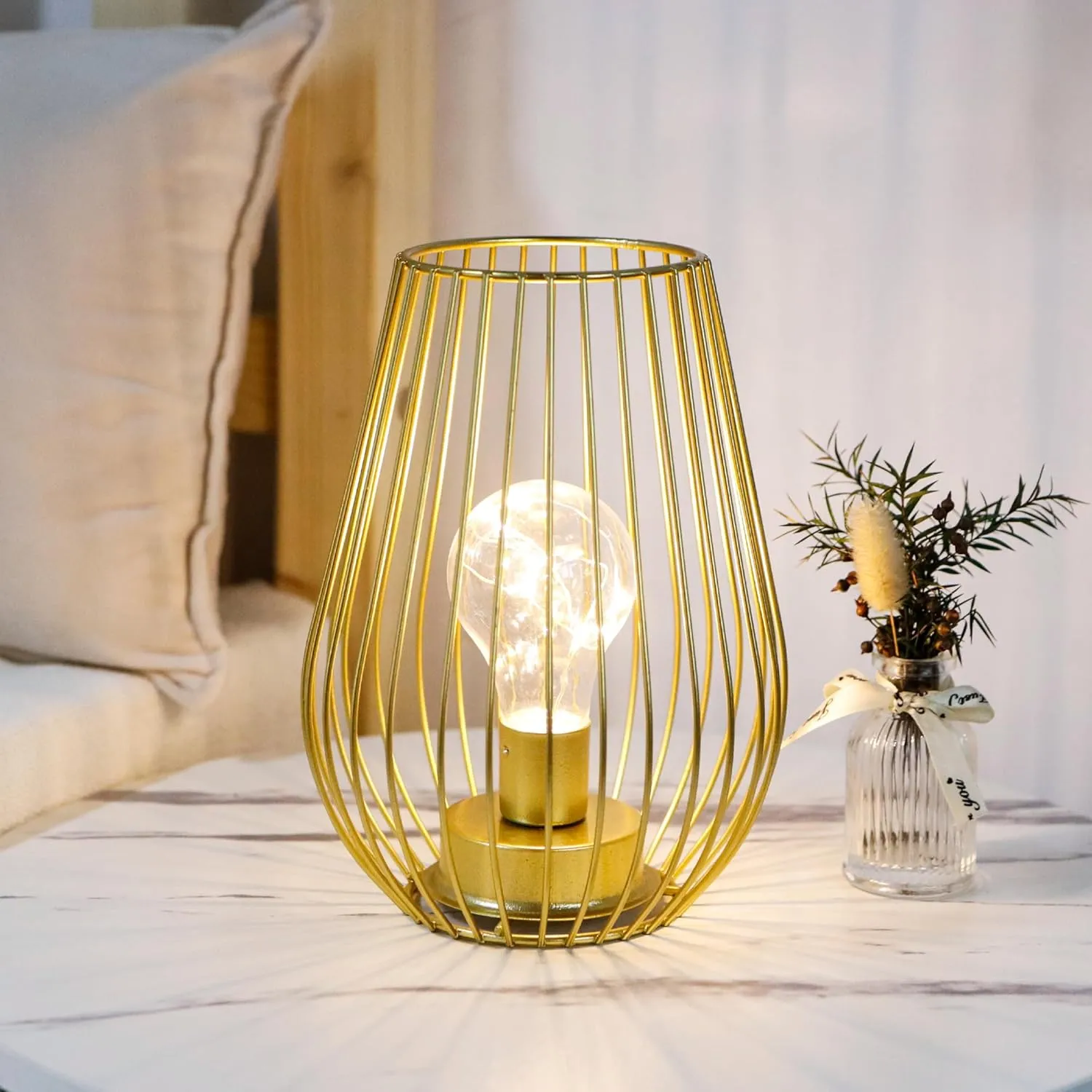 TRIROCKS Metal Battery Operated Lamp 8'' Tall Cage Shape Cordless Table Lantern with Warm Fairy Lights Bulb for Thanksgiving Christmas Patio Garden Wedding Parties Indoor Outdoor (Golden)