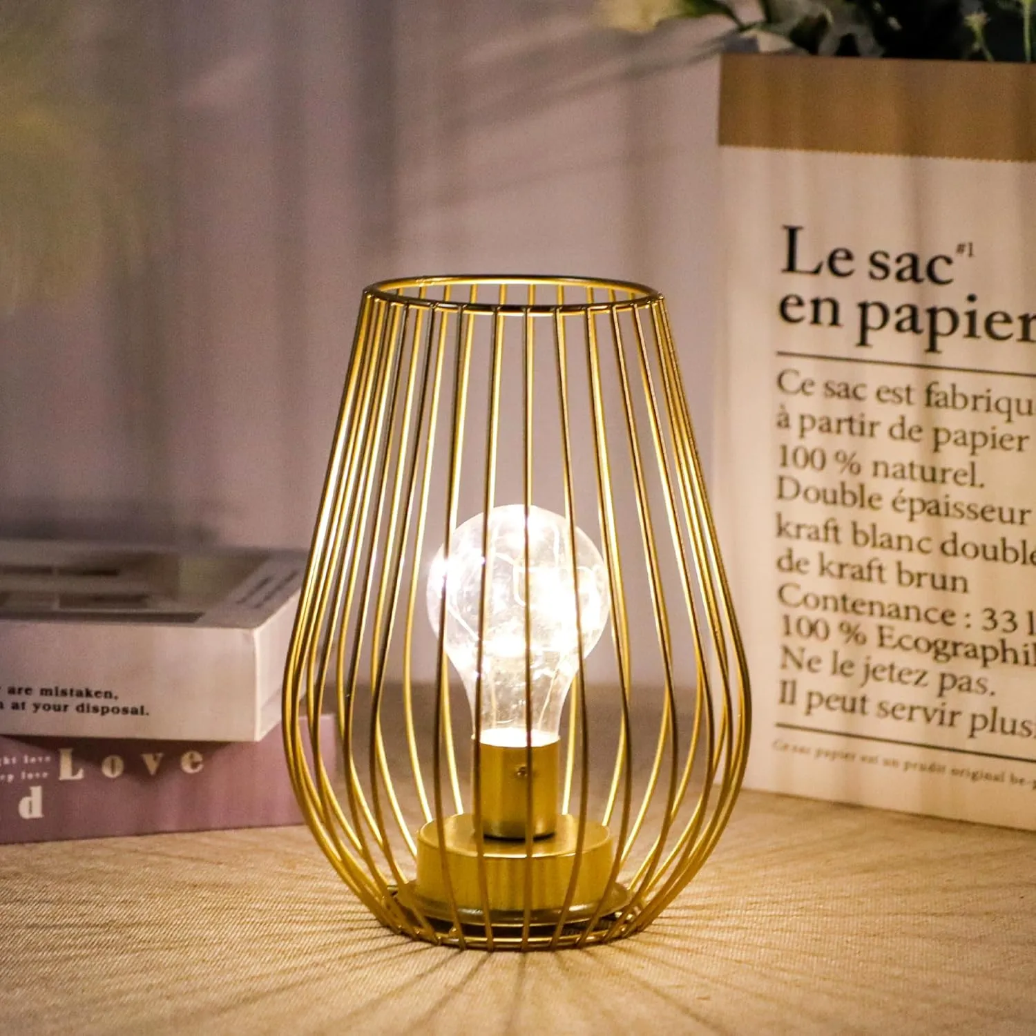 TRIROCKS Metal Battery Operated Lamp 8'' Tall Cage Shape Cordless Table Lantern with Warm Fairy Lights Bulb for Thanksgiving Christmas Patio Garden Wedding Parties Indoor Outdoor (Golden)