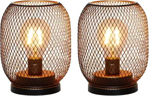 TRIROCKS Set of 2 Battery Operated Lamp LED Table Lantern, Metal Cage Cordless Lamps with LED Bulb, Oval Vintage Decorative Outdoor Lantern for Weddings, Parties, Patio, Events for Indoors Shelf