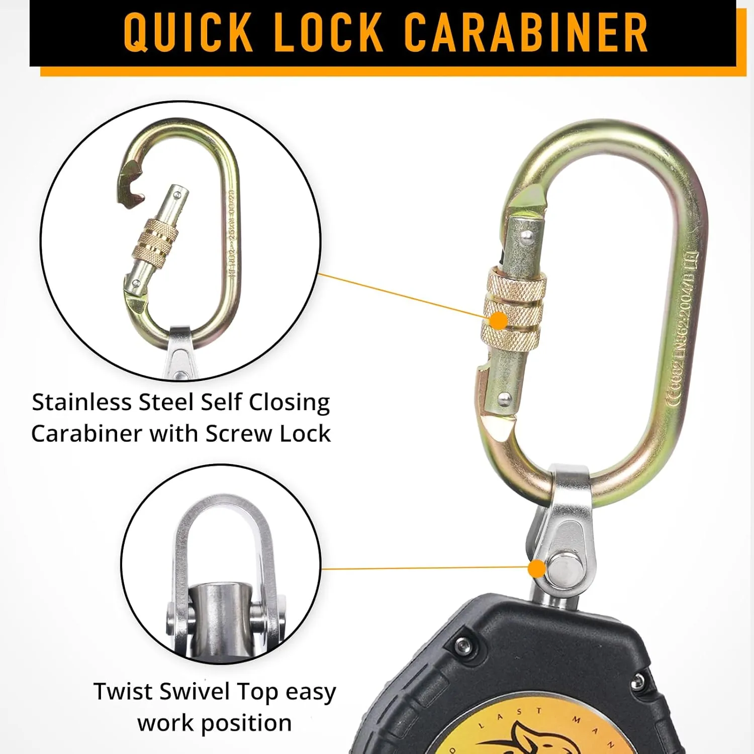 TRSMIMA Fall Protection Retractable Lanyard - 10FT Construction Self-Retracting Lanyard Fall Arrest Safety Roofing Carbineer Swivel Top Steel Snap Hook
