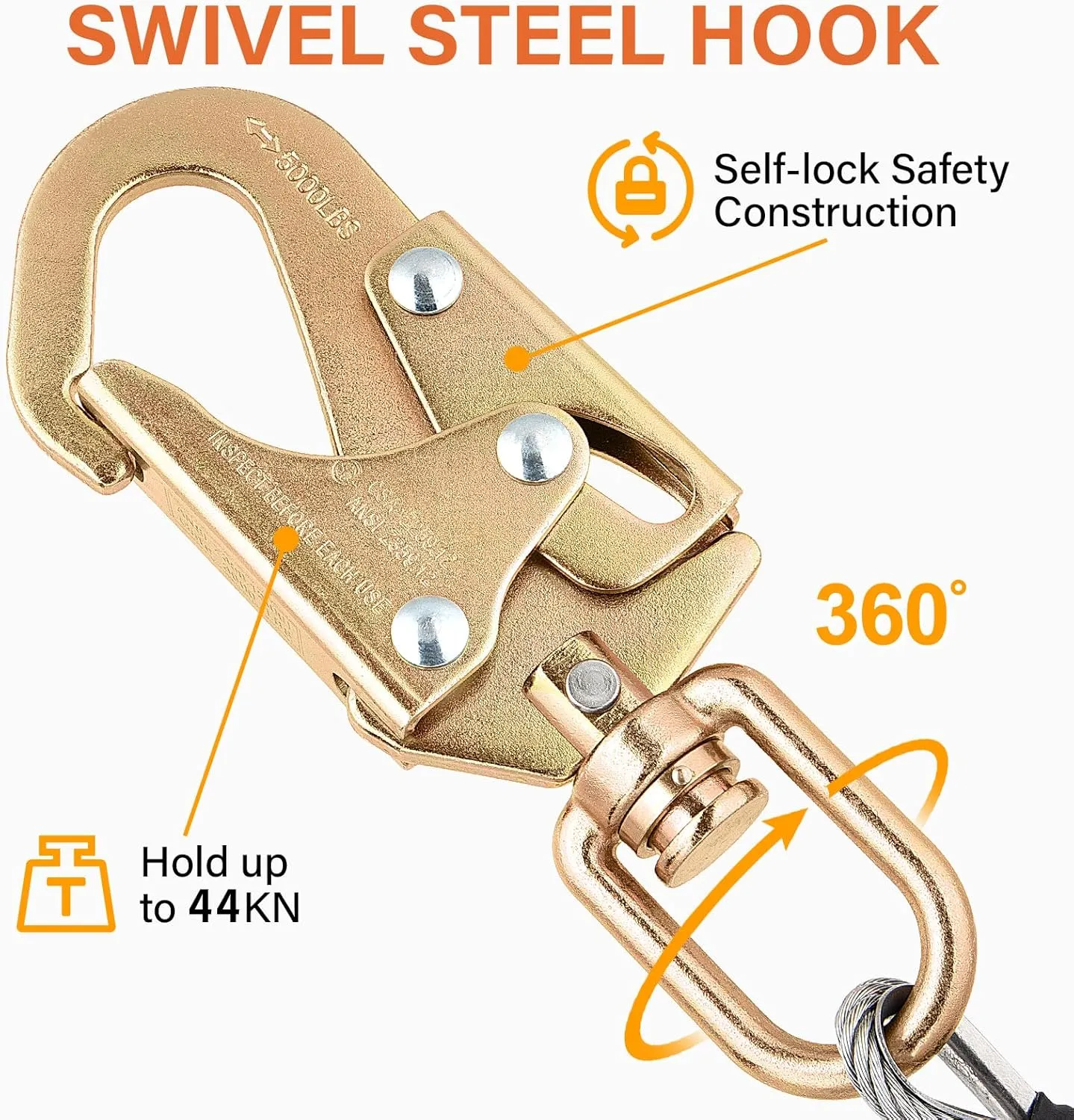 TRSMIMA Steel Wire Core Flipline - 8ft Fall Protection Arborist Climbing Tree 1/2" Galvanized Cable Lanyard Kit With Swivel Snap Hook Triple Lock Carabiner Rope Grab Adjuster