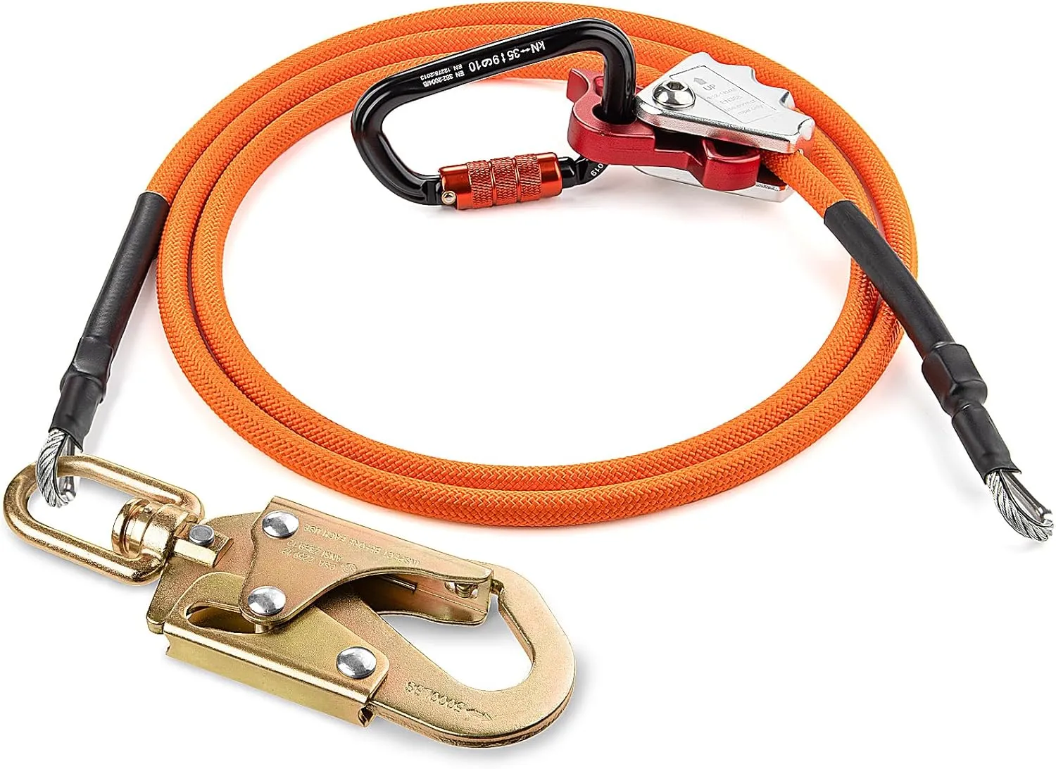 TRSMIMA Steel Wire Core Flipline - 8ft Fall Protection Arborist Climbing Tree 1/2" Galvanized Cable Lanyard Kit With Swivel Snap Hook Triple Lock Carabiner Rope Grab Adjuster