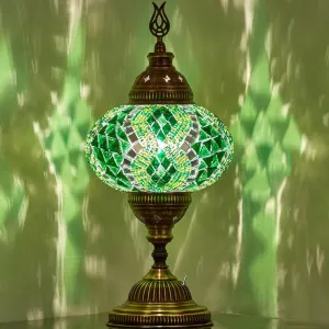 Turkish Moroccan Mosaic Battery-Operated Table Lamp – 12” H, 5” W, Portable Stained Glass Lantern for Indoor & Outdoor Use, Cordless Handmade Decorative Light for Bedroom, Patio & Camping, Green