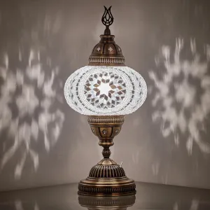 Turkish Moroccan Mosaic Battery-Operated Table Lamp – 12” H, 5” W, Portable Stained Glass Lantern for Indoor & Outdoor Use, Cordless Handmade Decorative Light for Bedroom, Patio & Camping, White Clear