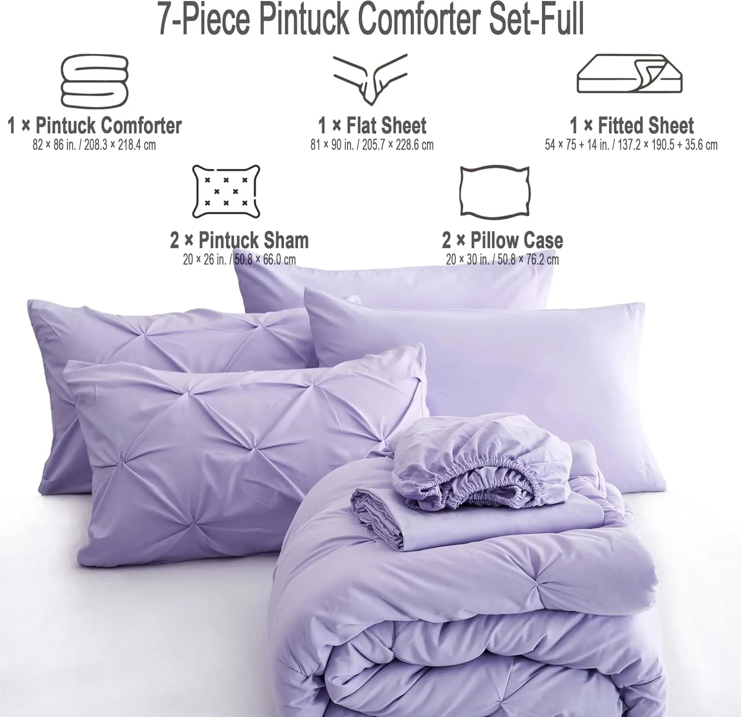 Ubauba 7pc Full Size Comforter Set with Sheets, Light Purple Pintuck 7 Pieces Bed in a Bag with Comforter, All Season Bedding Comforters & Sets (Lavender,Full)