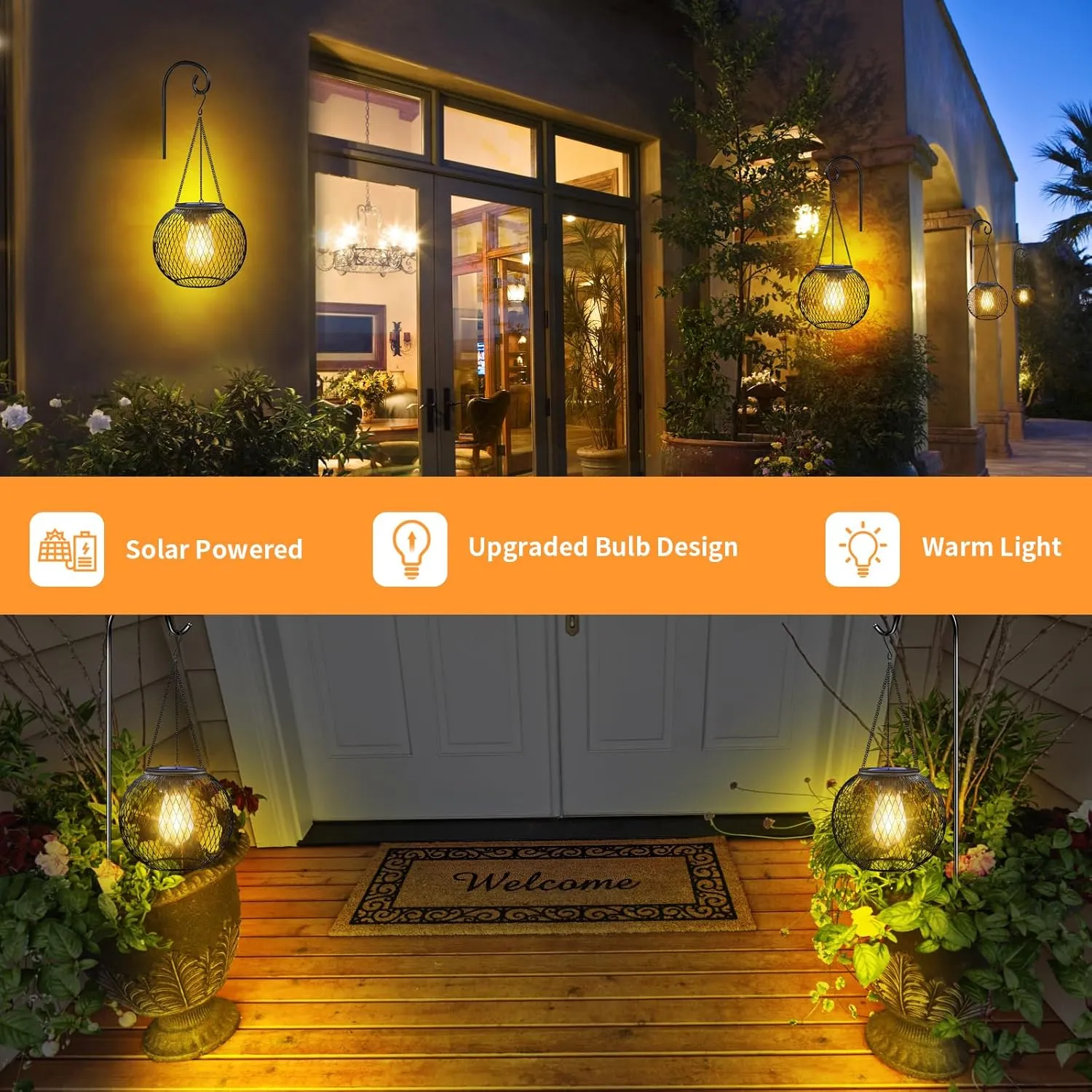 UBright Solar Lanterns Lights Outdoor Waterproof Metal Hanging Solar Powered Lights for Outside Decorative Lanterns for Garden Yard Patio Pathway, 2 Pack