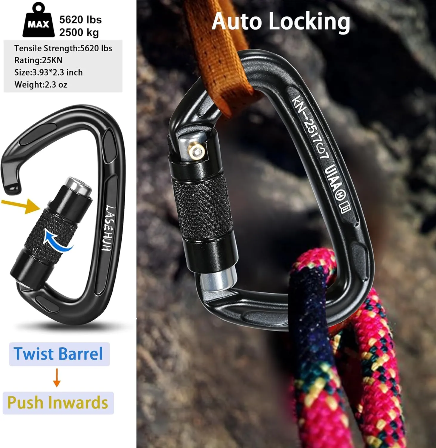 UIAA Certified 25KN Auto Locking Climbing Carabiner Clips, D Shaped, Twist Lock, and Heavy Duty Carabiners for Rock Climbing, Rappelling,3.93 Inch, Large Size.