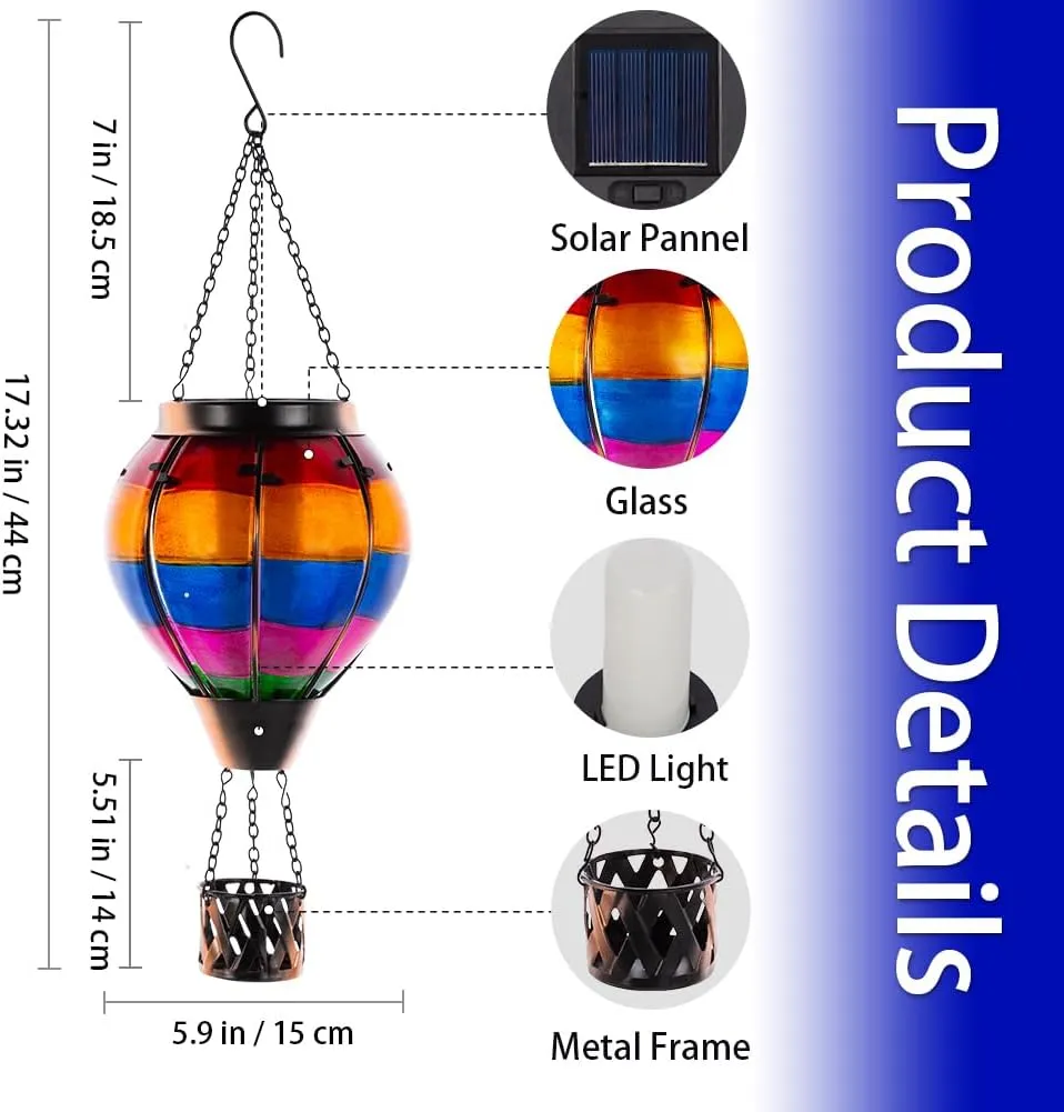 Unique Hot Air Balloon Solar Lantern with Flickering Flame, Handmade Glass Hanging Outdoor Lantern Waterproof Lantern Lamp for Patio, Garden, Porch