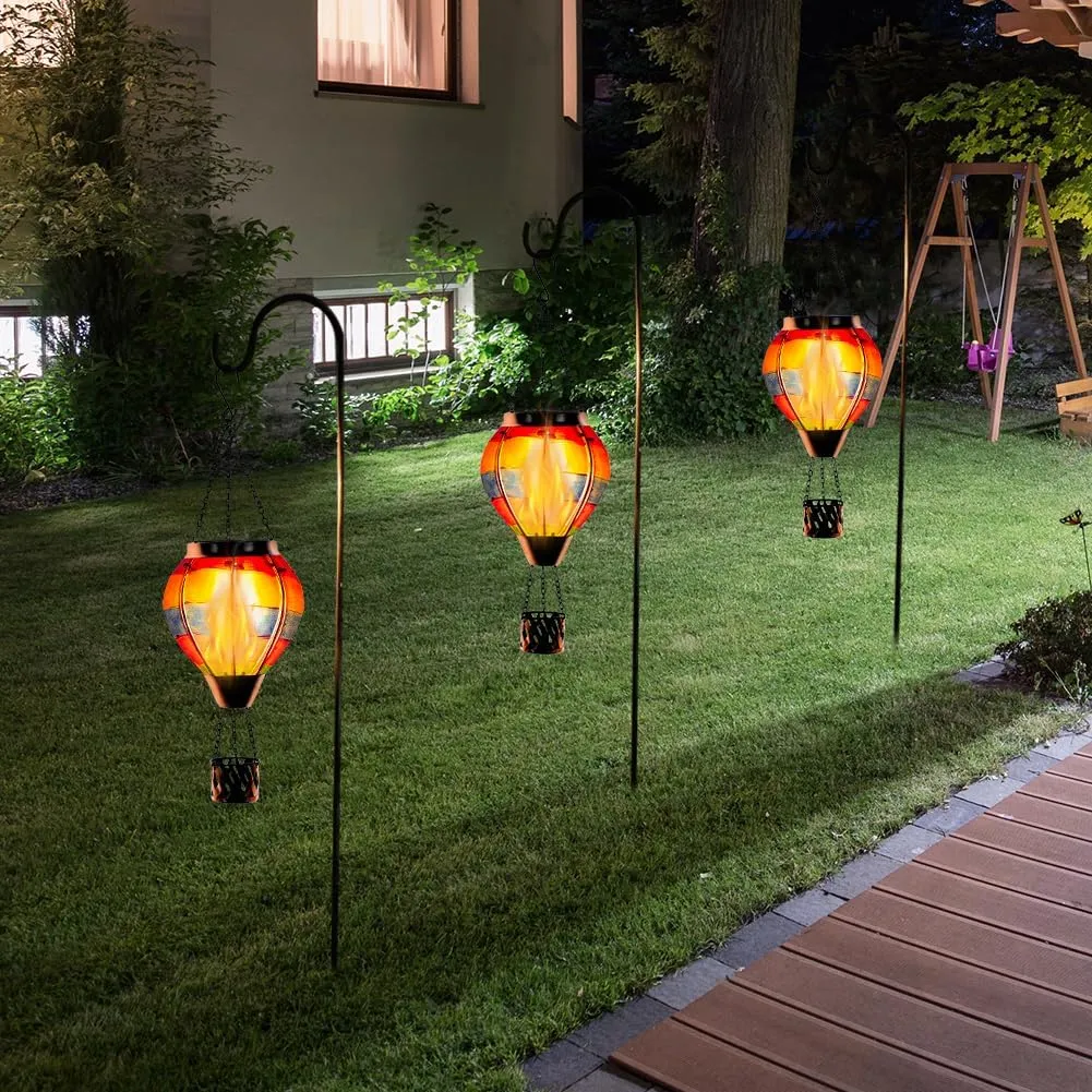 Unique Hot Air Balloon Solar Lantern with Flickering Flame, Handmade Glass Hanging Outdoor Lantern Waterproof Lantern Lamp for Patio, Garden, Porch