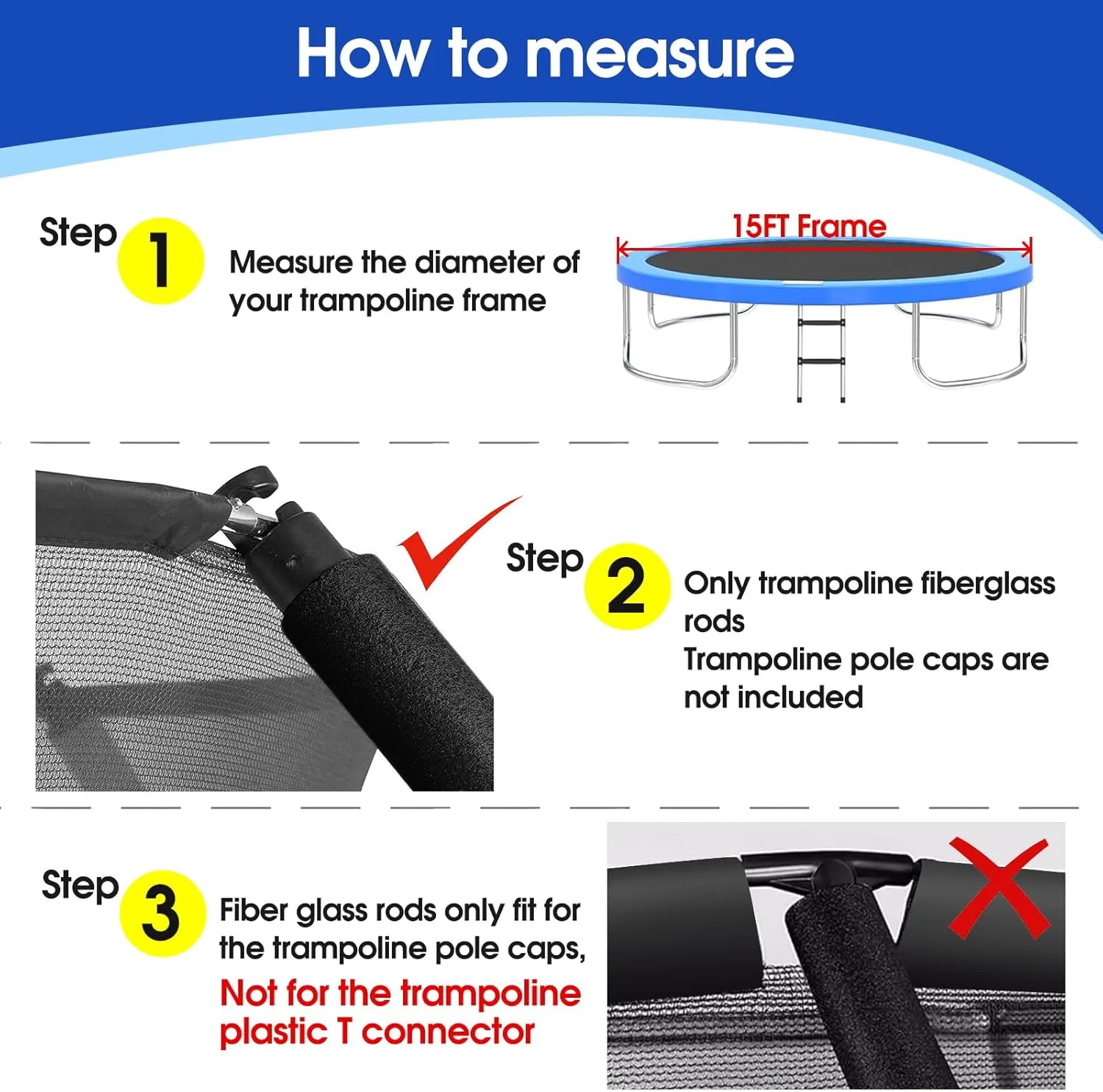 Universal Trampoline Fiber Glass Rods to Replace The Top Ring of Net Enclosure, Fiberglass Poles for 12/14/15Ft Frame with Tube Caps, Not for The Plastic T Connector