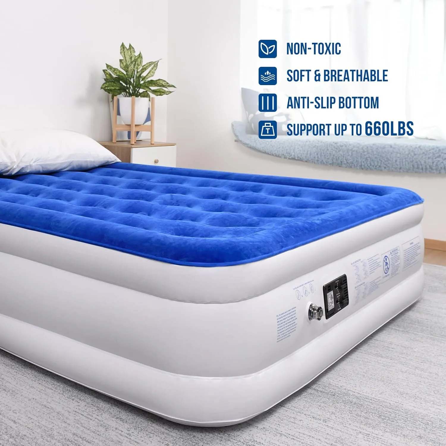 Upgrade Queen Air Mattress with Built-in Pump, Double High Blow Up Mattress for Home, Camping & Guest, 3 Mins Quick Inflate, Inflatable Air Bed with Water Resistant Flocked Top - 18 Inch