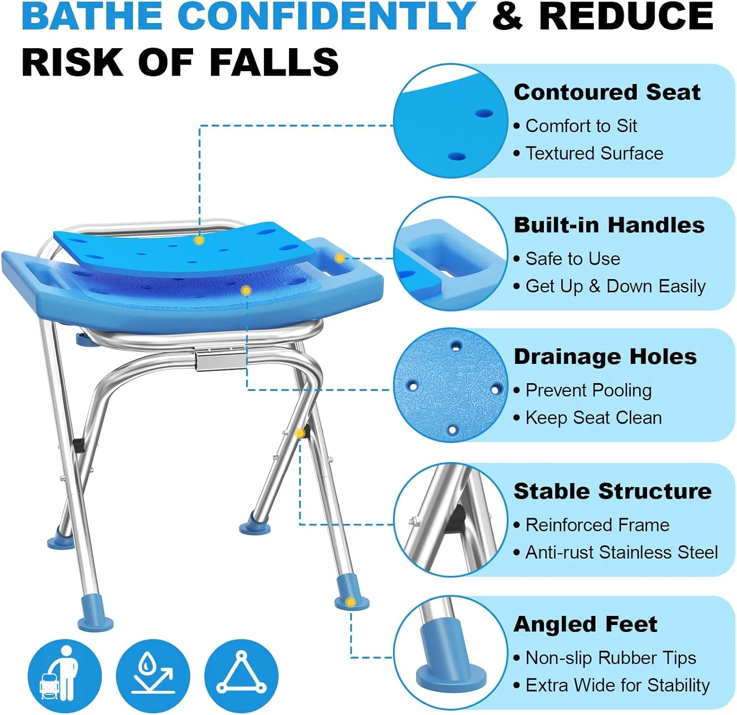 Upgraded Folding Shower Chair, Stainless Steel Foldable Shower Seat for Inside Bathtub, Lightweight & Portable Travel Shower Stool, Anti-Slip Feet Bath Chair for Elderly, Disabled, Injured
