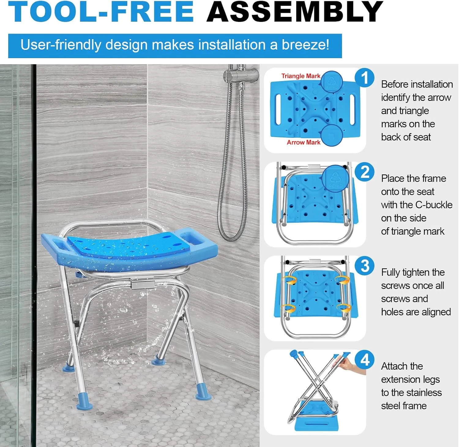 Upgraded Folding Shower Chair, Stainless Steel Foldable Shower Seat for Inside Bathtub, Lightweight & Portable Travel Shower Stool, Anti-Slip Feet Bath Chair for Elderly, Disabled, Injured