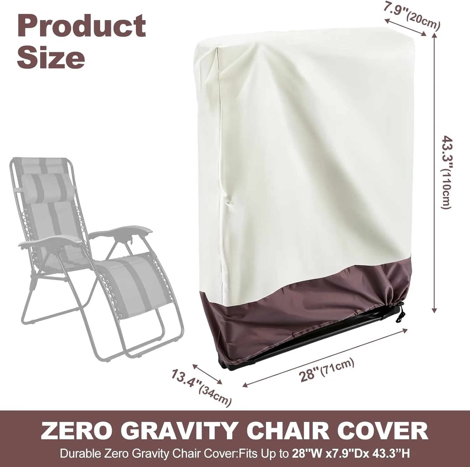 Uranshin Outdoor Folding Chair Covers 2PCS, Zero Gravity Chair Cover 28" W x 13" D x 43" H, Waterproof 210D Oxford Funiture Cover with Storage Bag, Patio Chair Cover for All Weather (Beige & Brown)