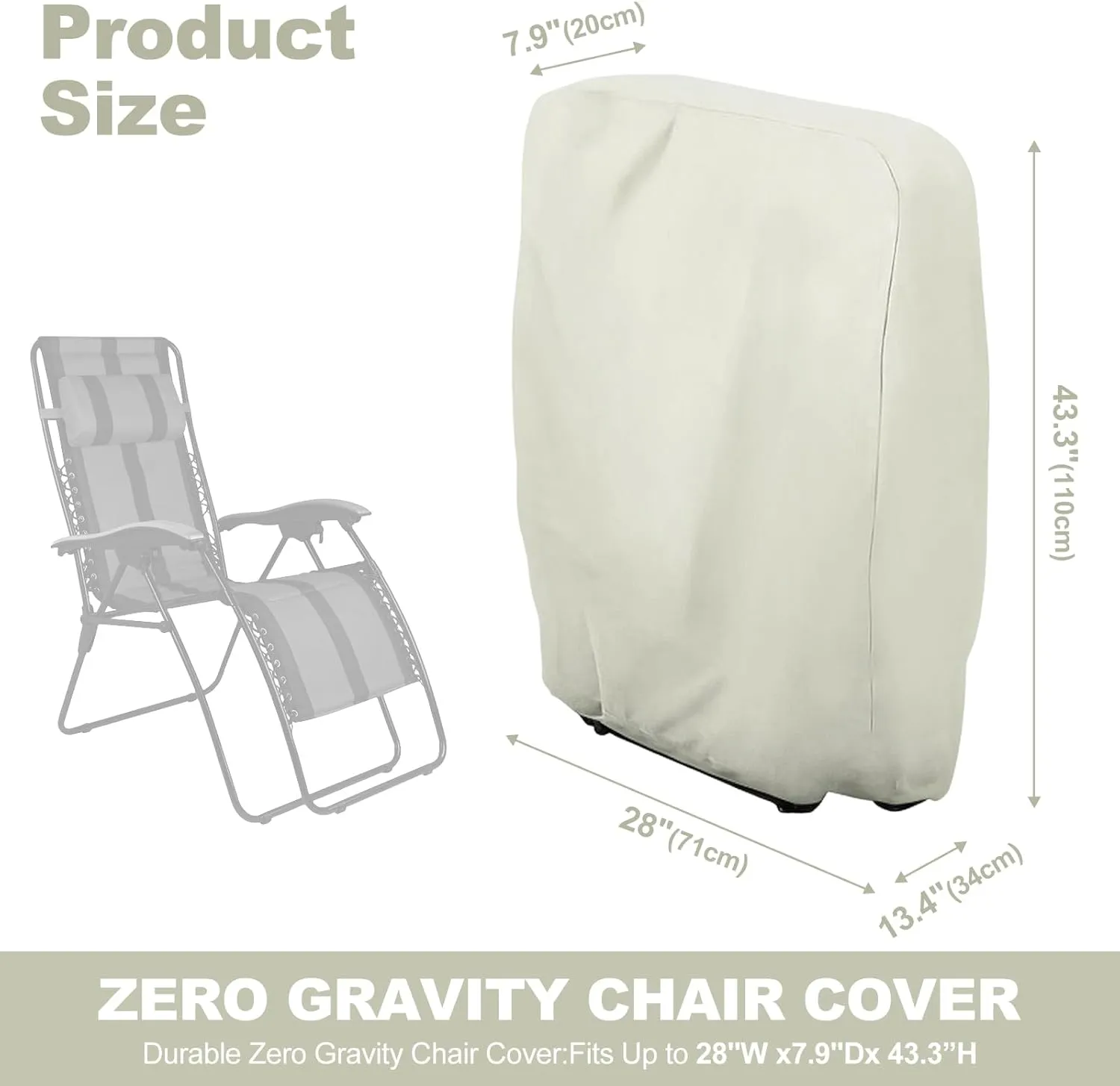 Uranshin Outdoor Folding Chair Covers 2PCS, Zero Gravity Chair Cover 28" W x 13" D x 43" H, Waterproof 210D Oxford Funiture Cover with Storage Bag, Patio Chair Cover for All Weather (Beige)