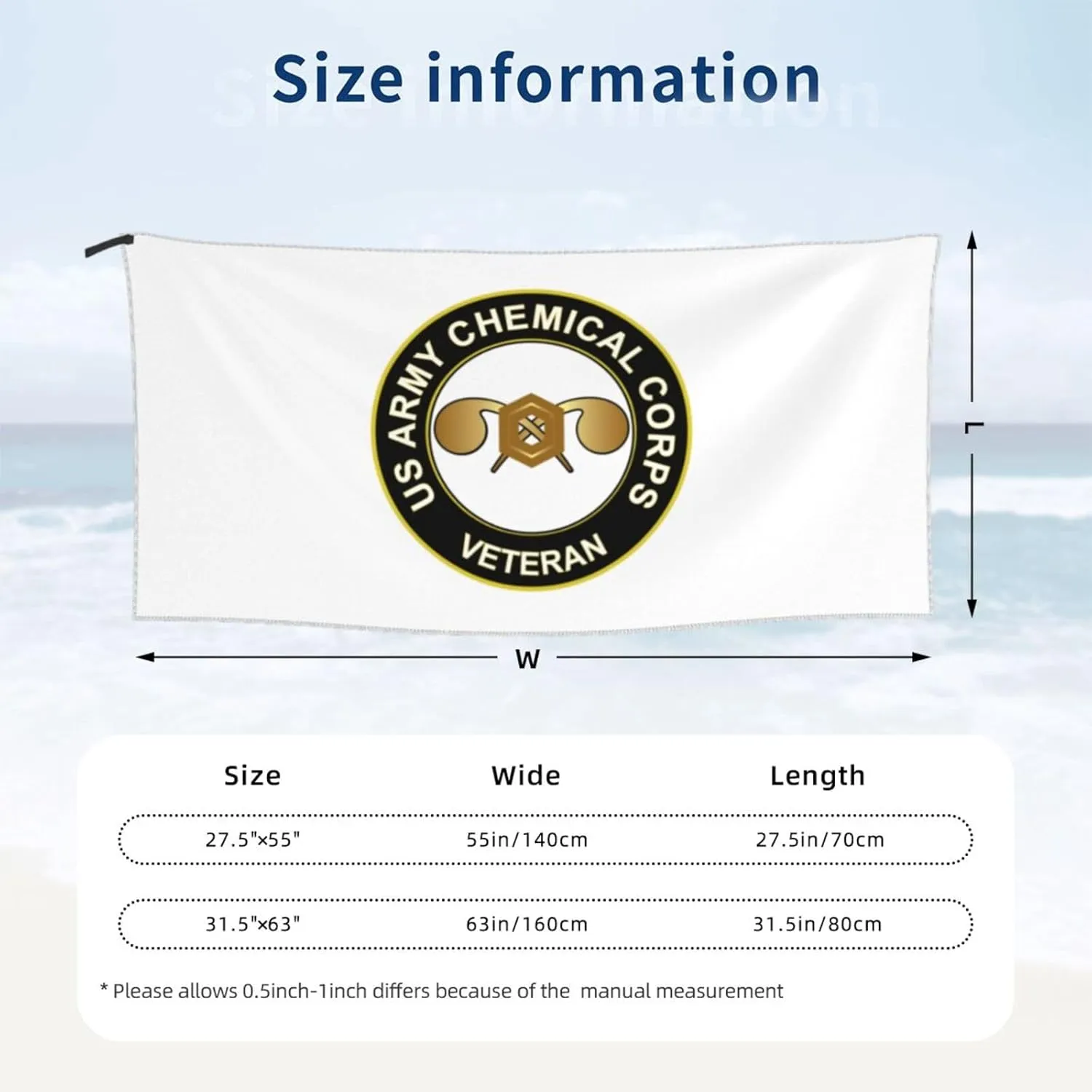 Us Army Chemical Corps Vetera Beach Towel & Bath Towel - Quick Dry, Extra Large, Lightweight, Sand Free - Highly Absorbent Microfiber Towels for Pool, Swimming, Gym, Travel