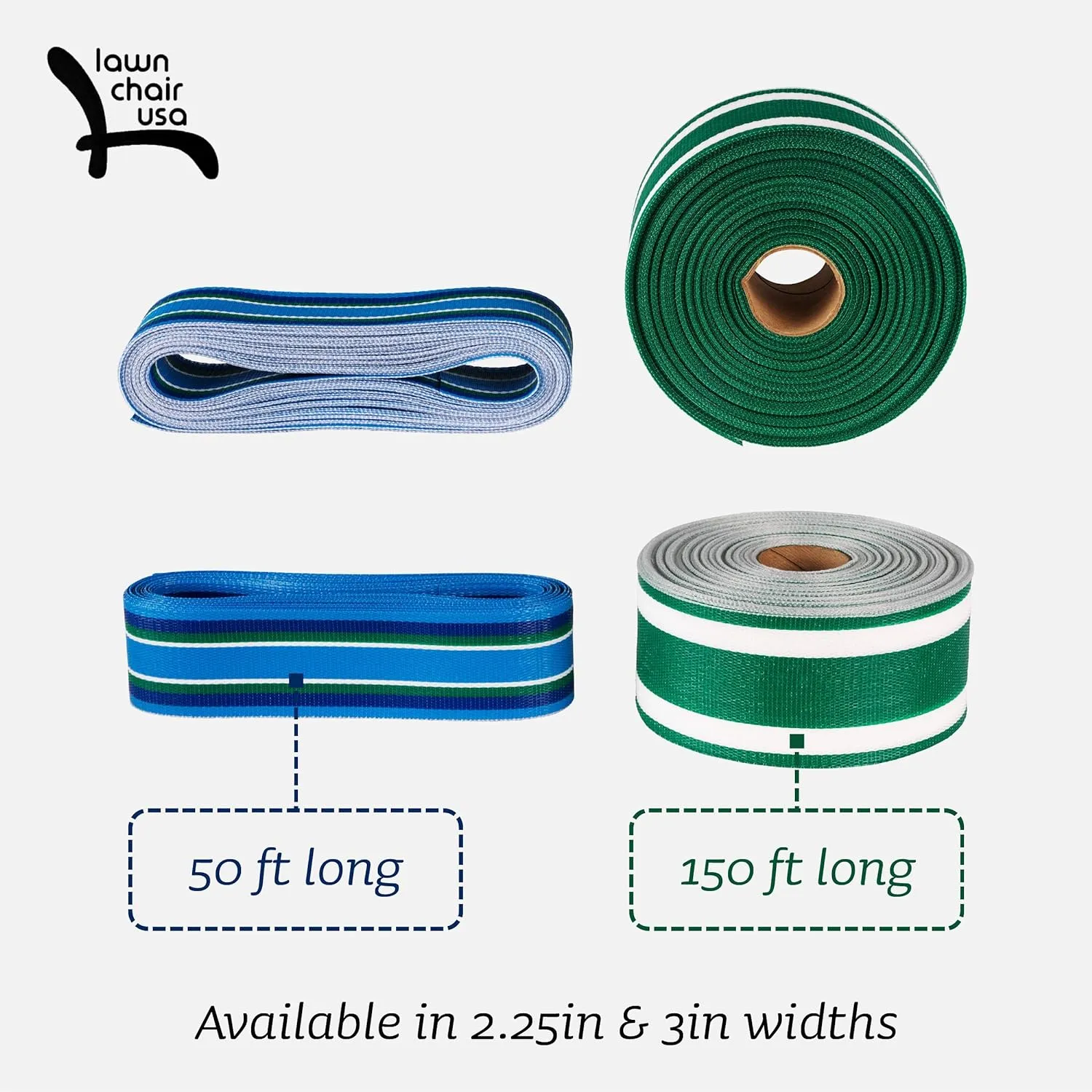 USA Lawn Chair Replacement Webbing - UV-Resistant Straps, 2 1/4" x 150', Blue and White Stripe