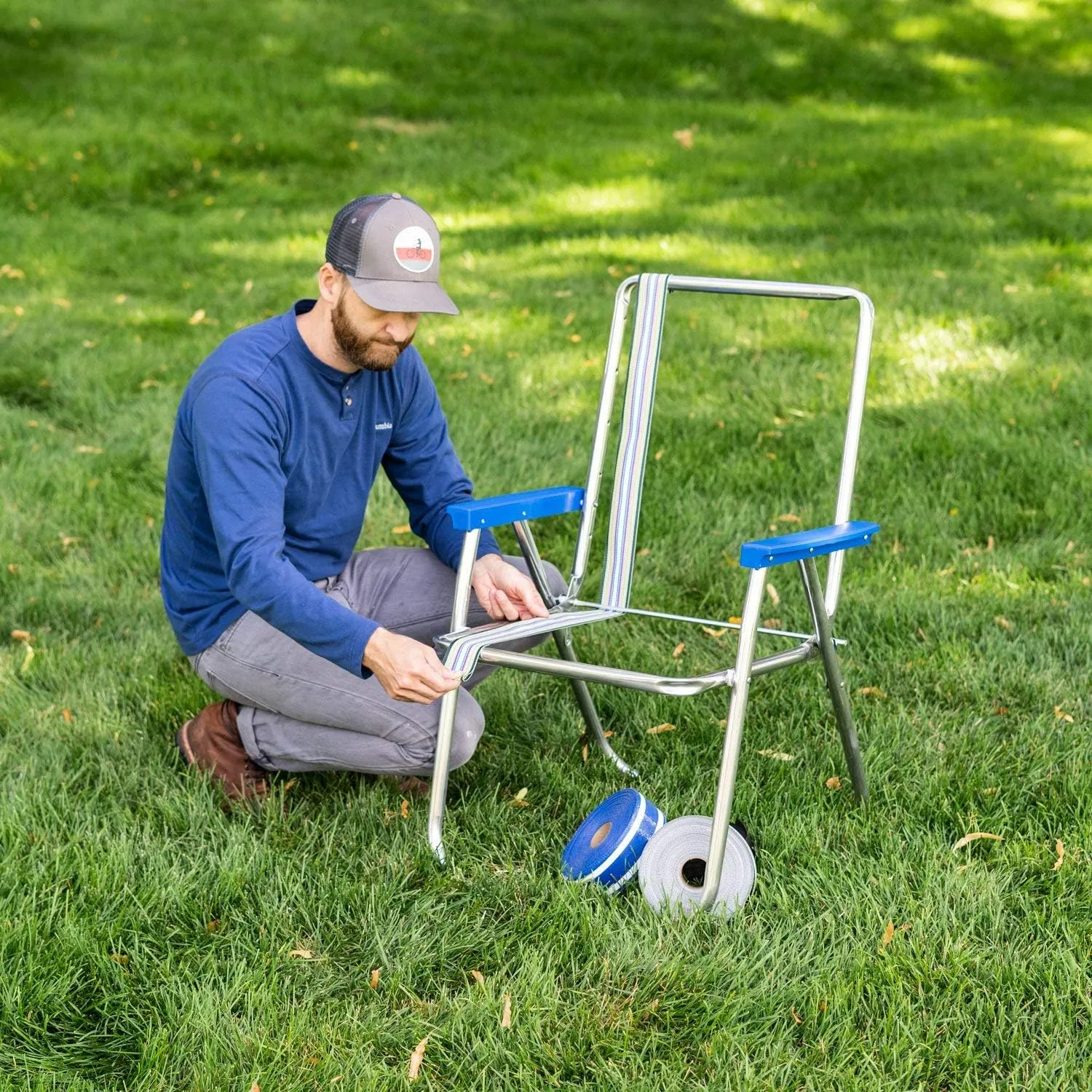 USA Lawn Chair Replacement Webbing - UV-Resistant Straps, 2 1/4" x 150', Blue and White Stripe