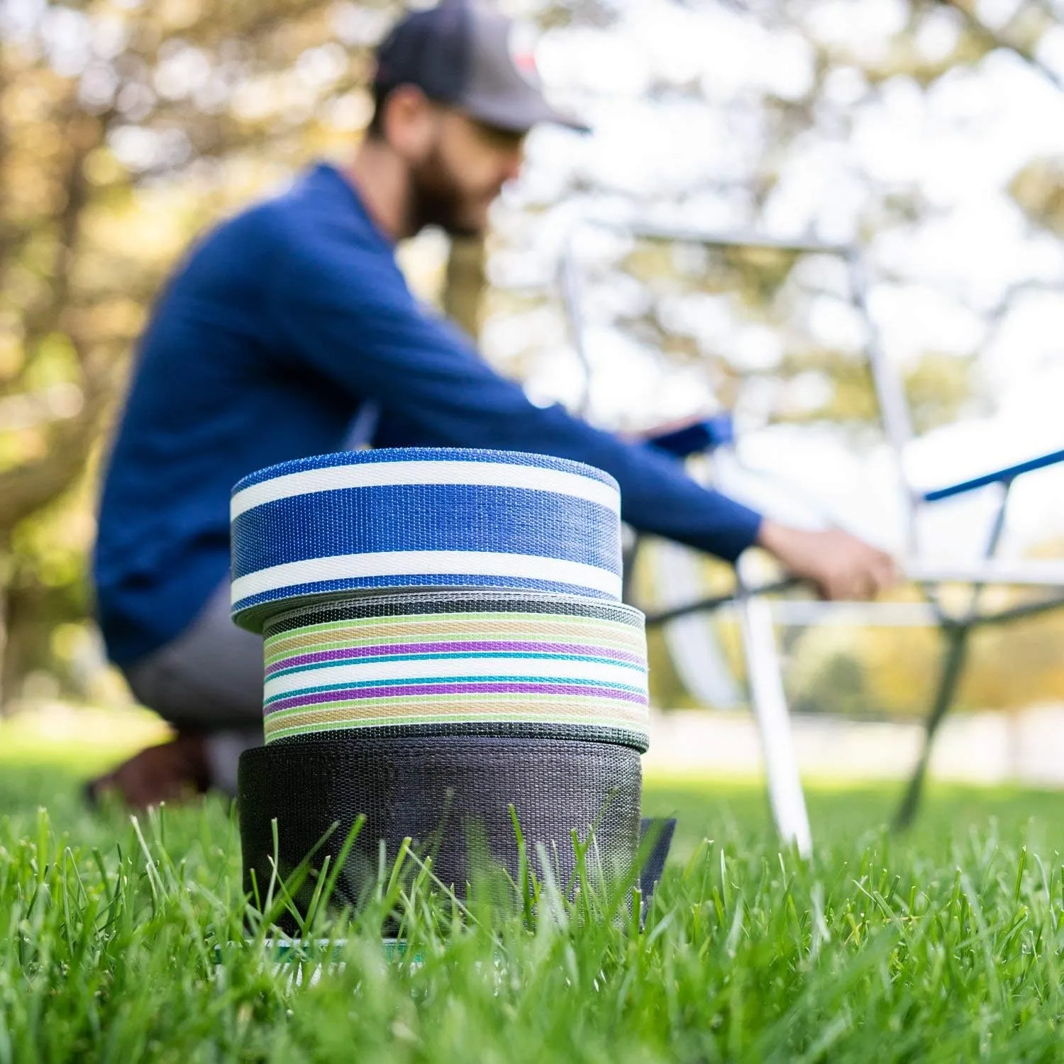 USA Lawn Chair Replacement Webbing - UV-Resistant Straps, 2 1/4" x 150', Blue and White Stripe