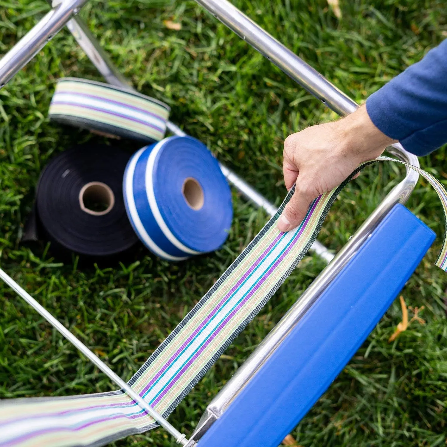 USA Lawn Chair Replacement Webbing - UV-Resistant Straps, 2 1/4" x 150', Blue and White Stripe