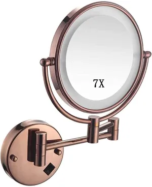 USB Rechargeable Wall-Mounted Makeup Mirror with 7X Magnification, 360° Rotation, Round Double-Sided Mirror, Rose Gold Finish