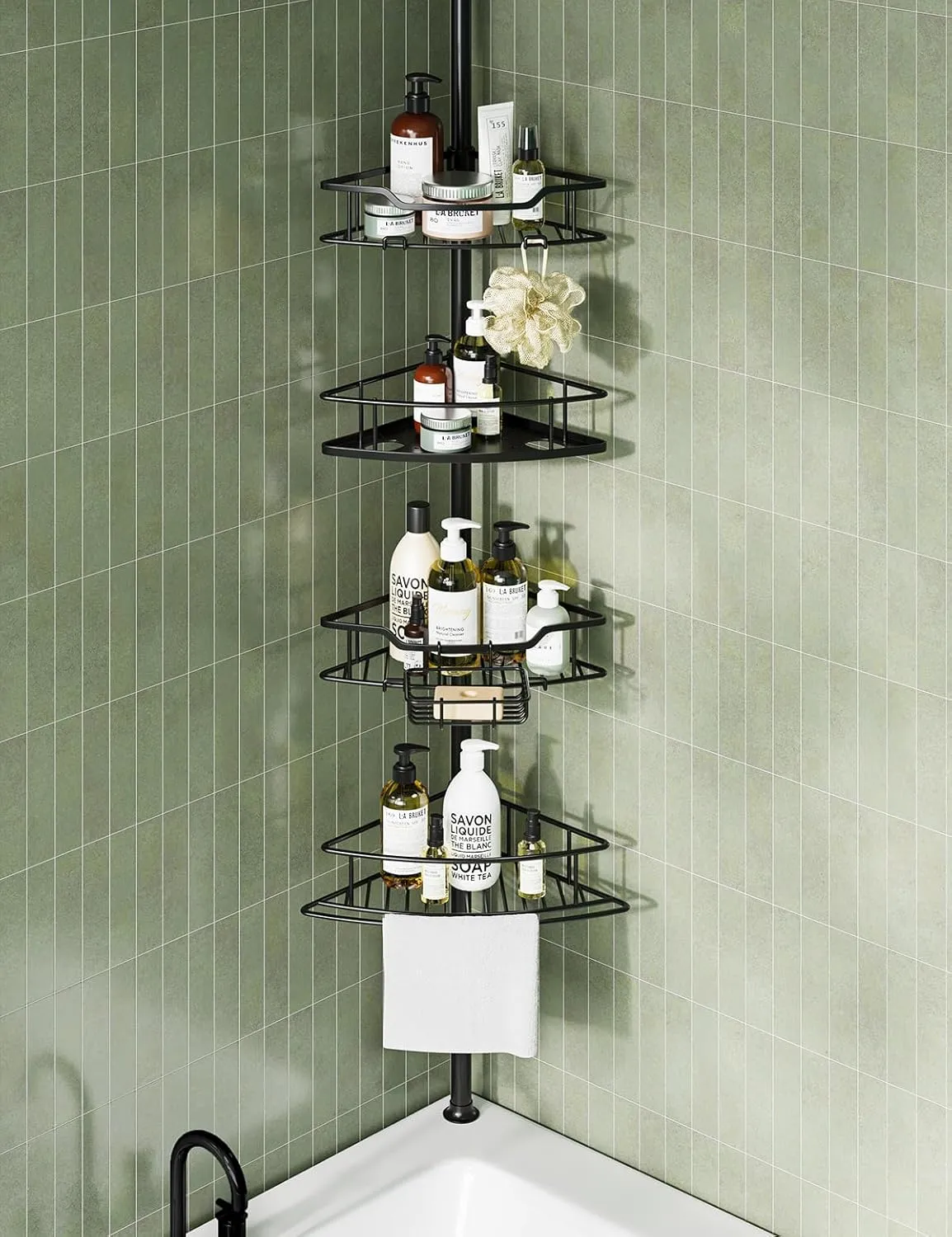 USHOWER Corner Shower Caddy Tension Pole, 4-Tier Rustproof Shower Shelves for Bathroom, Bathtub Shampoo Storage, 51-121 Inch Adjustable Shower Tension Pole Organizer No Drill, Black