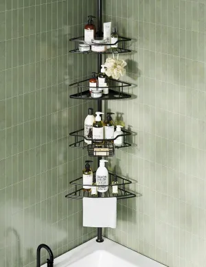 USHOWER Corner Shower Caddy Tension Pole, 4-Tier Rustproof Shower Shelves for Bathroom, Bathtub Shampoo Storage, 51-121 Inch Adjustable Shower Tension Pole Organizer No Drill, Black