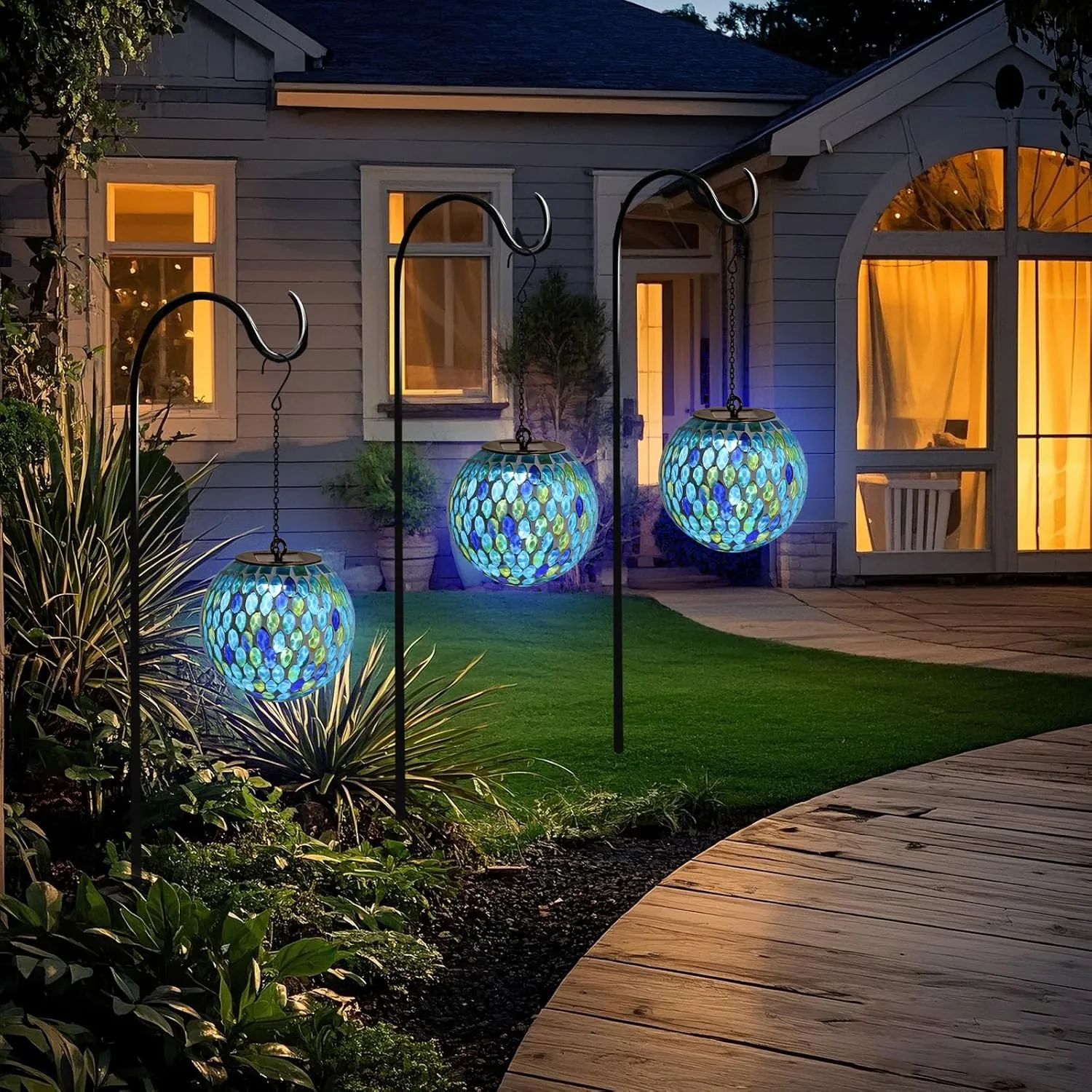 VCUTEKA Hanging Solar Lanterns Mosaic Solar Lights with Hook Up, Outdoor Garden Lights Decor for Yard Tree Fence Patio, Blue