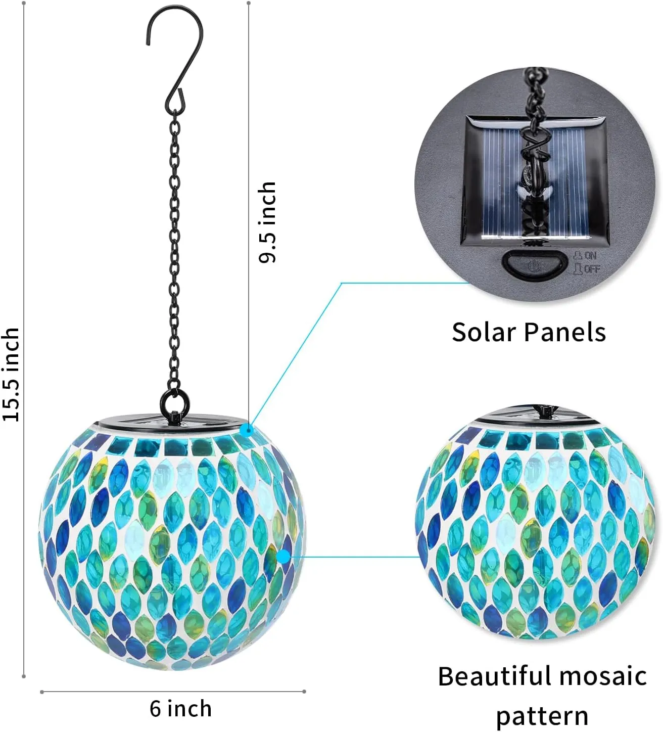 VCUTEKA Hanging Solar Lanterns Mosaic Solar Lights with Hook Up, Outdoor Garden Lights Decor for Yard Tree Fence Patio, Blue