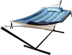 VEIKOU 2 Person Hammock with Stand Included, 450lbs Capacity, Double Hammocks with Pillow Freestanding Quilted 12ft Hammock for Outside with Heavy Duty Spreader Bars, Striped Blue