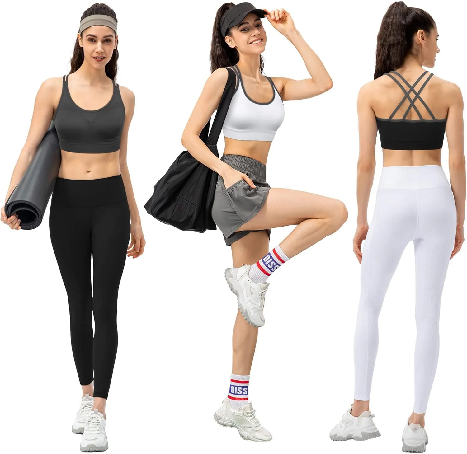 VEQKING Strappy Womens Sports Bra Cross Back for Running Removable Padded Workout Yoga Bras Pack Gifts