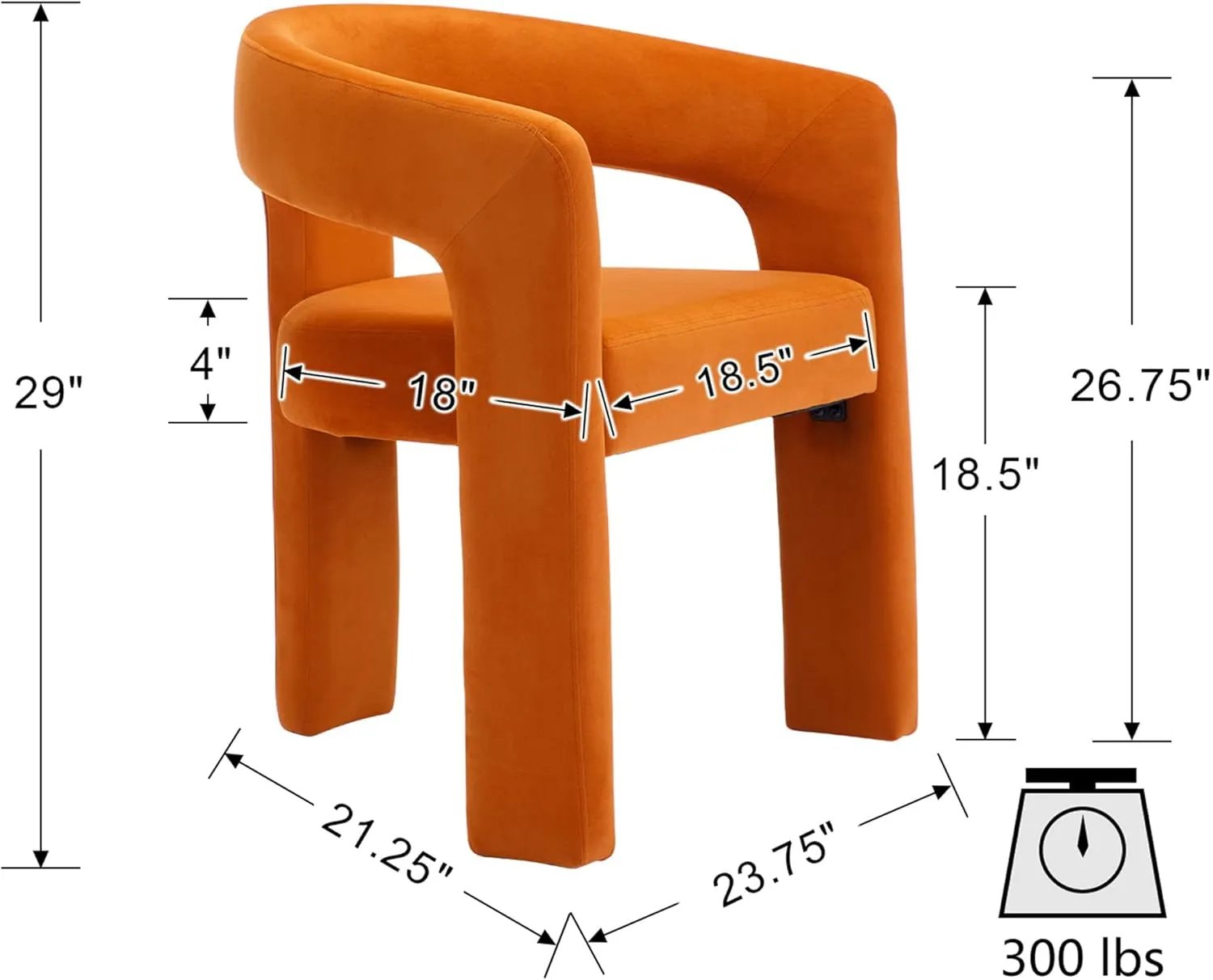 VESCASA Velvet Barrel Dining Chair with Open-Back, Upholstered Modern Accent Side Armchair with 3 Legs for Kitchen/Dining Room/Living Room, 1 Chair, Orange