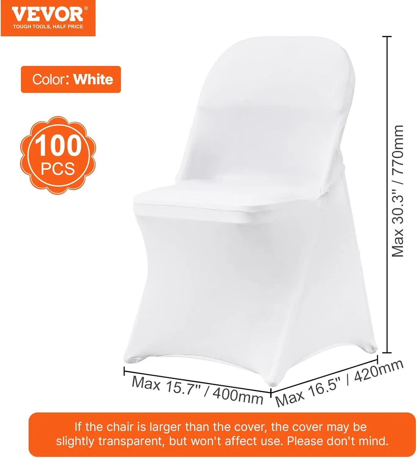 VEVOR Stretch Spandex Folding Chair Covers, Universal Fitted Chair Cover, Removable Washable Protective Slipcovers, for Wedding, Holiday, Banquet, Party, Celebration, Dining (100PCS White)