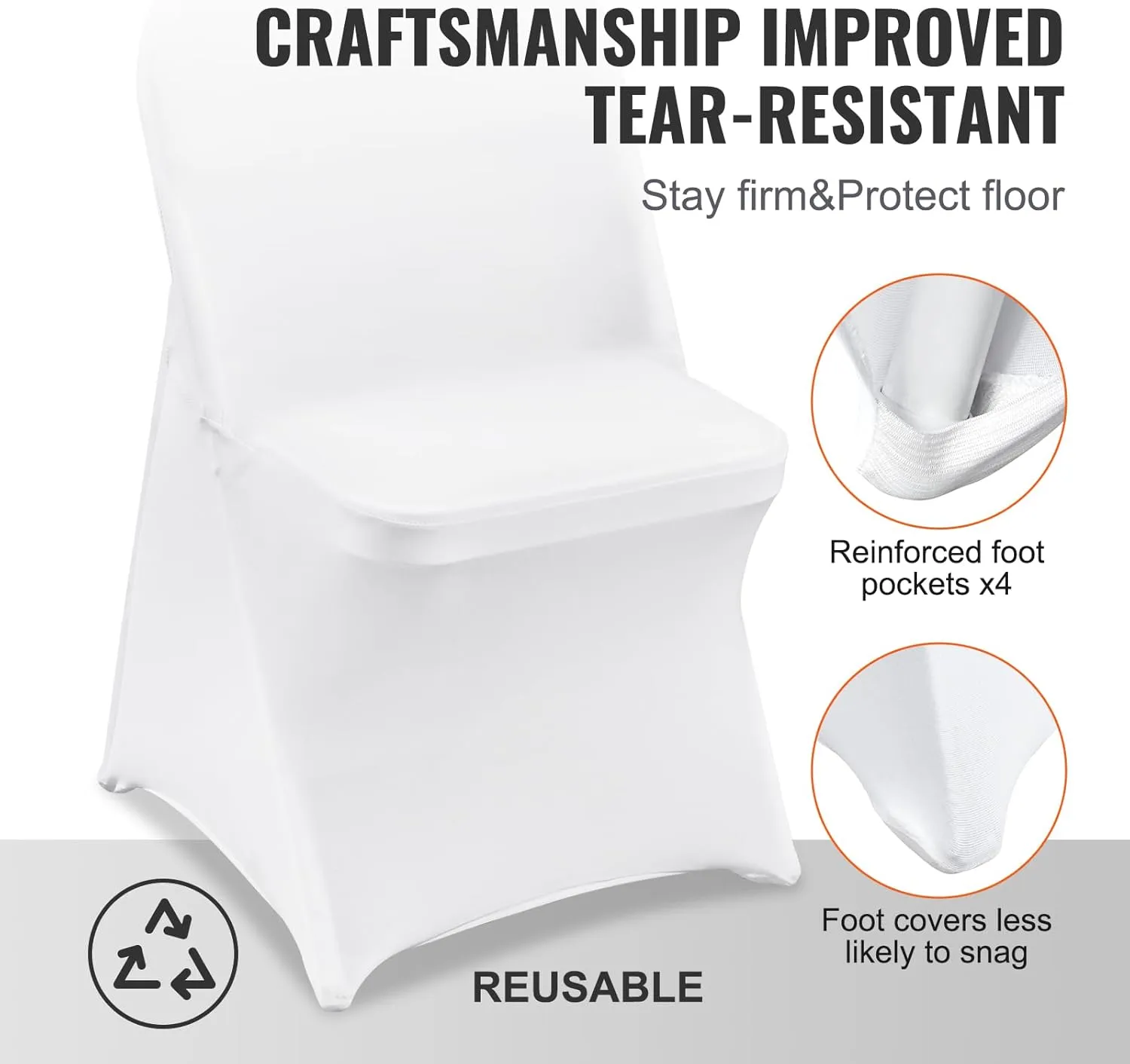 VEVOR Stretch Spandex Folding Chair Covers, Universal Fitted Chair Cover, Removable Washable Protective Slipcovers, for Wedding, Holiday, Banquet, Party, Celebration, Dining (100PCS White)