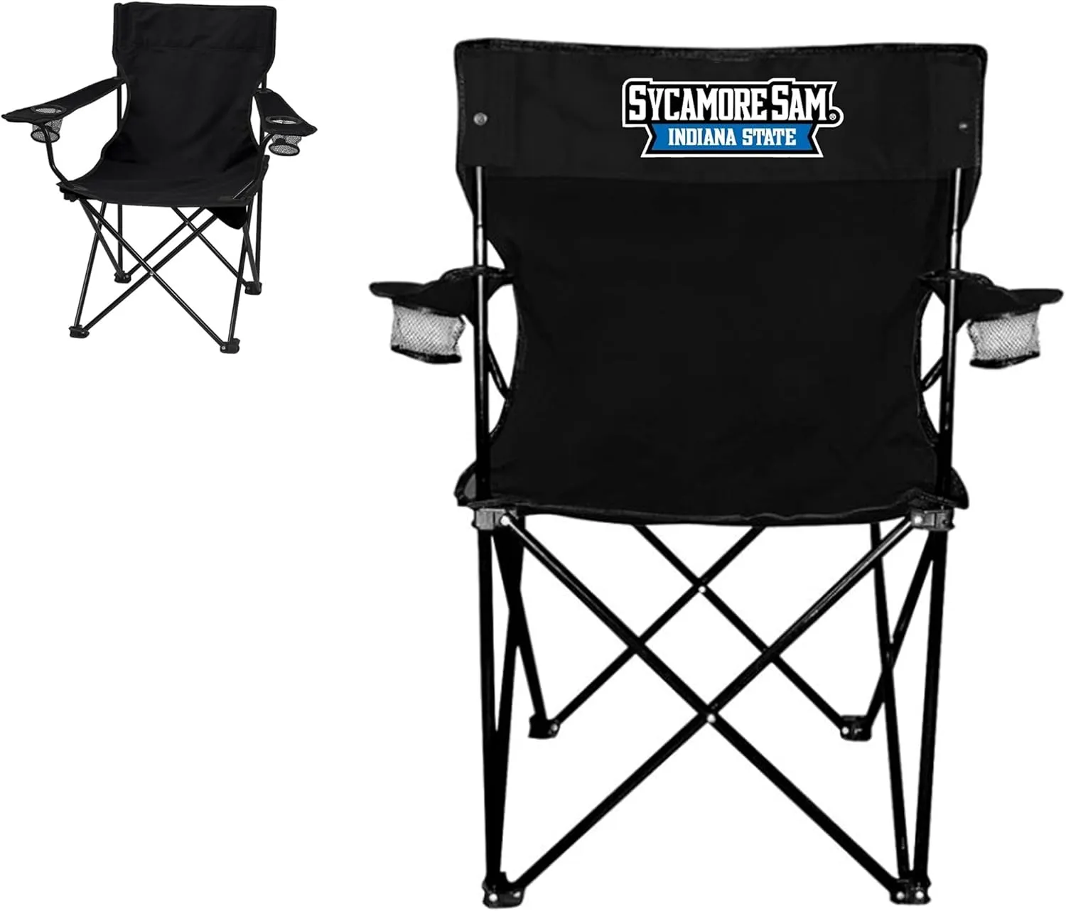 VictoryStore Outdoor Camping Chair - Indiana State University Black Folding Camping Chair with Carry Bag (Sycamore Sam Text Logo)