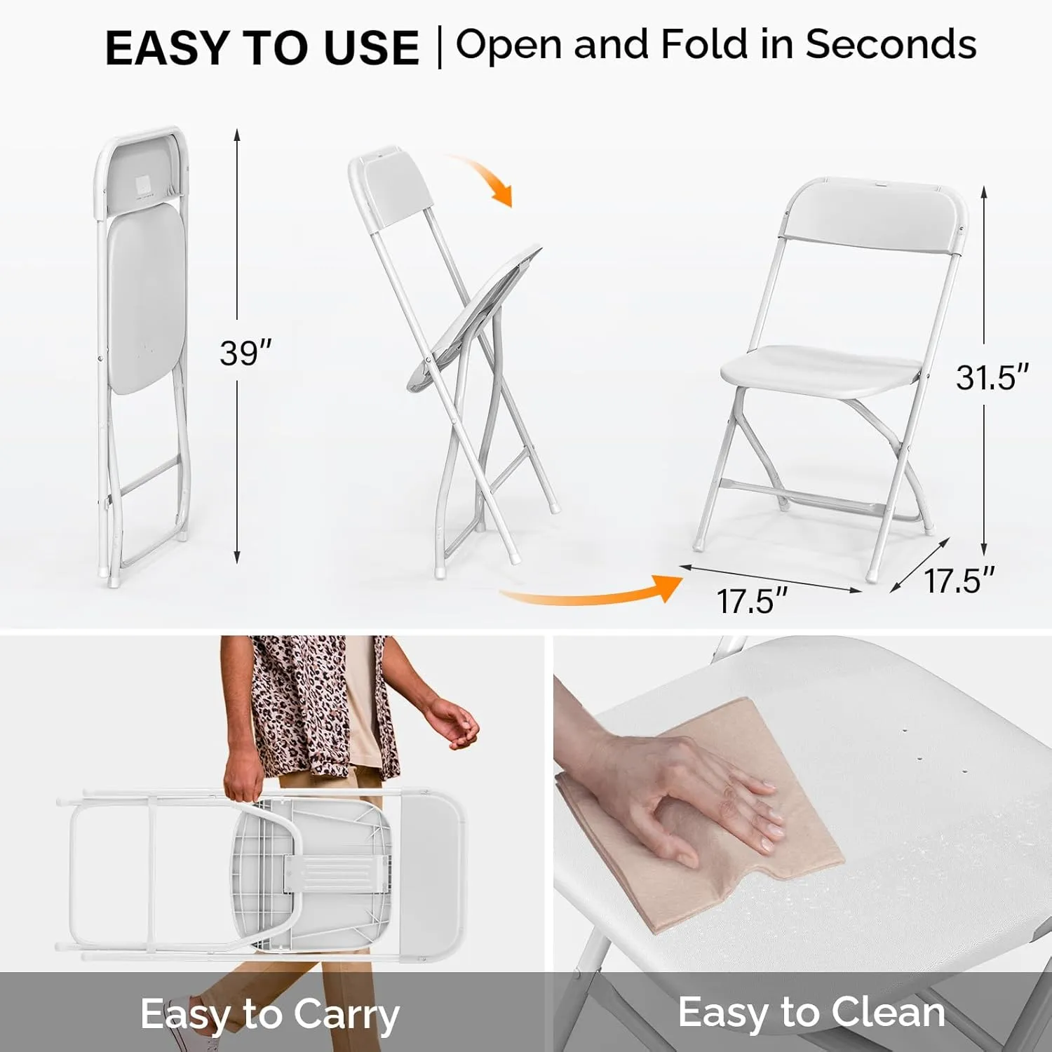 VINGLI 10 Pack White Plastic Folding Chair, Indoor Outdoor Portable Stackable Commercial Seat with Steel Frame 350lb. Capacity for Events Office Wedding Party Picnic Kitchen Dining